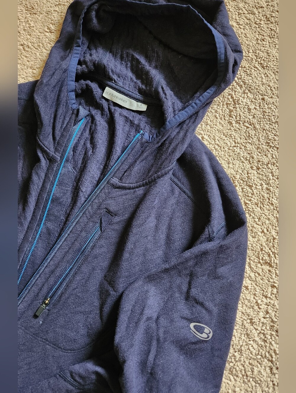 Icebreaker Navy Merino Wool Full Zip Jacket Hooded Sweatshirt Cool Lite Men’s L